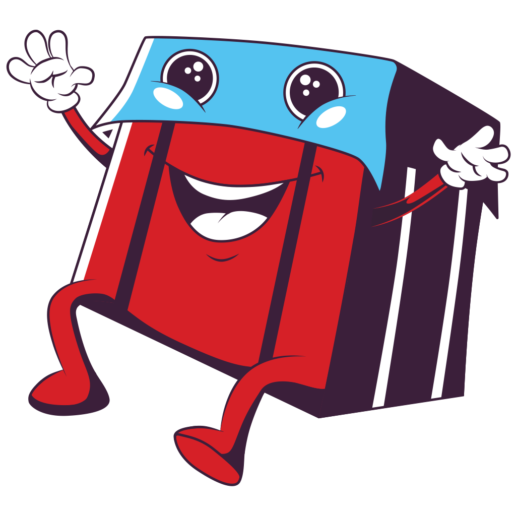 Illustrated red and blue crate mascot character